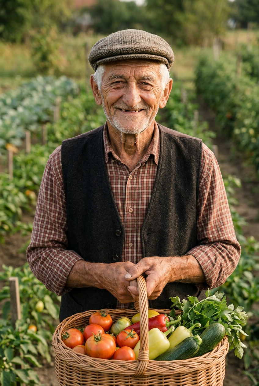 Dida Slavko s košarom povrća